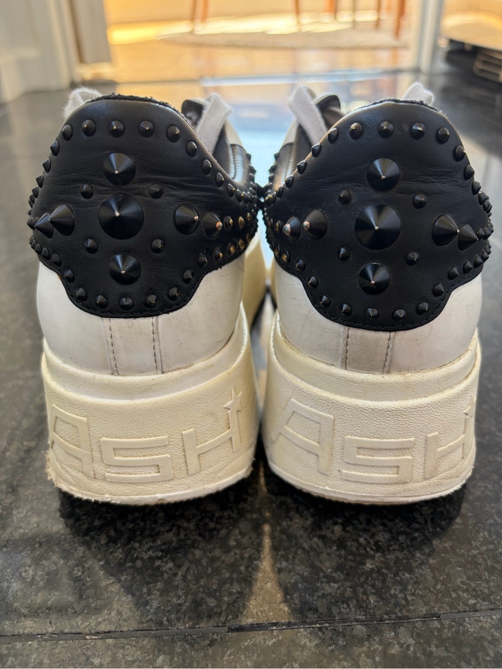 Ash White Leather Platform Sneakers with Black Studded Heel
